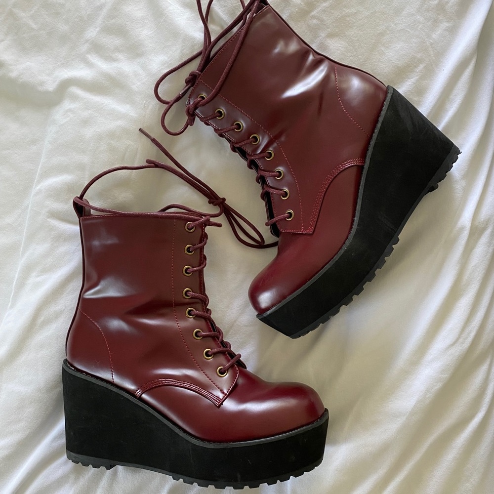 Shellys London Burgundy Red Platform Leather Boots
